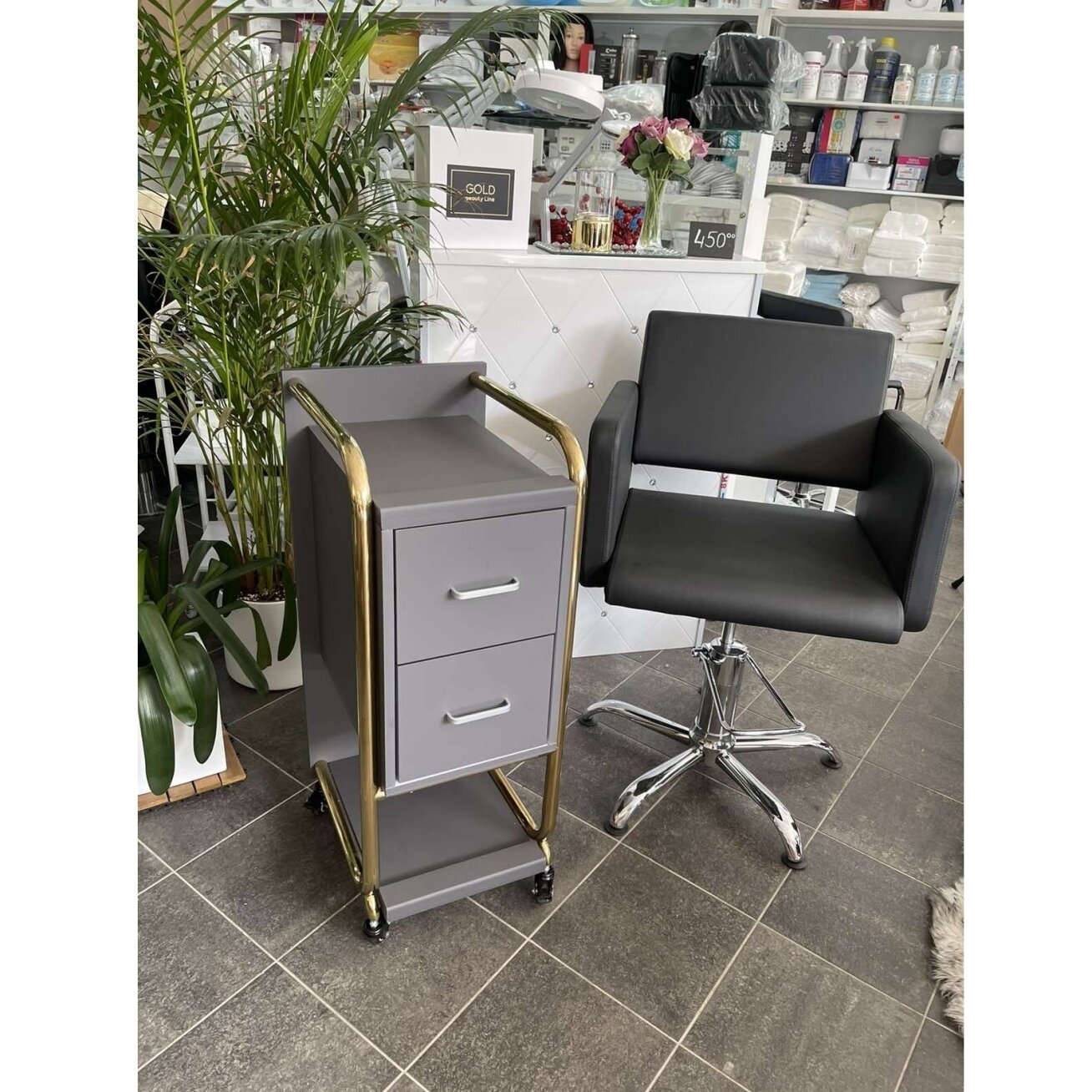 Professional beauty salon trolley GABBIANO SOLO, gray with gold frame 5 Professional beauty salon trolley GABBIANO SOLO, gray with gold frame 5